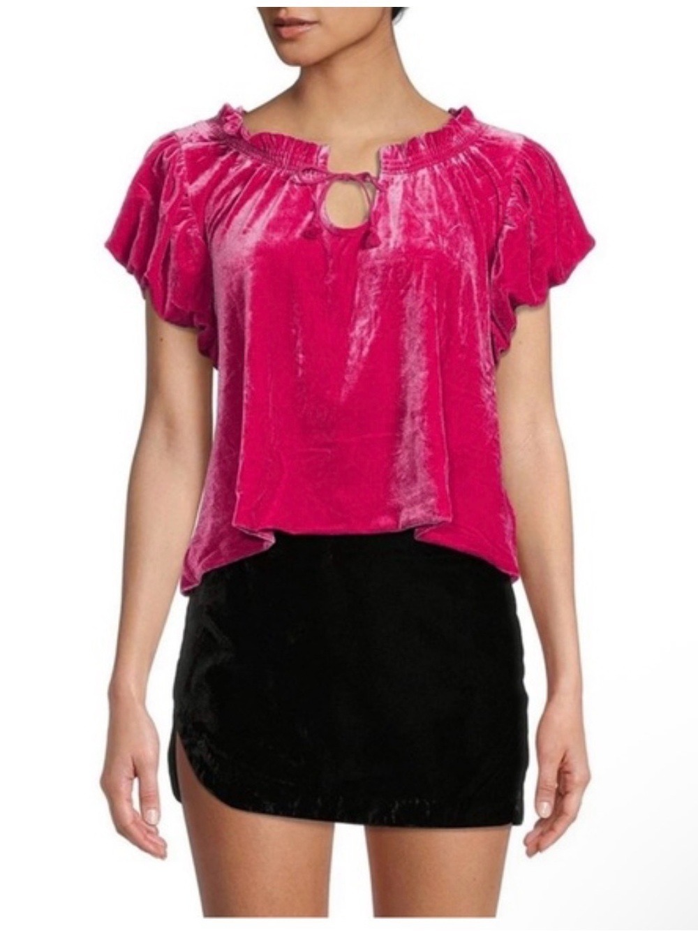 Free People Terese Fuchsia Velvet Keyhole Puff Sleeve Slightly Cropped Top XS
